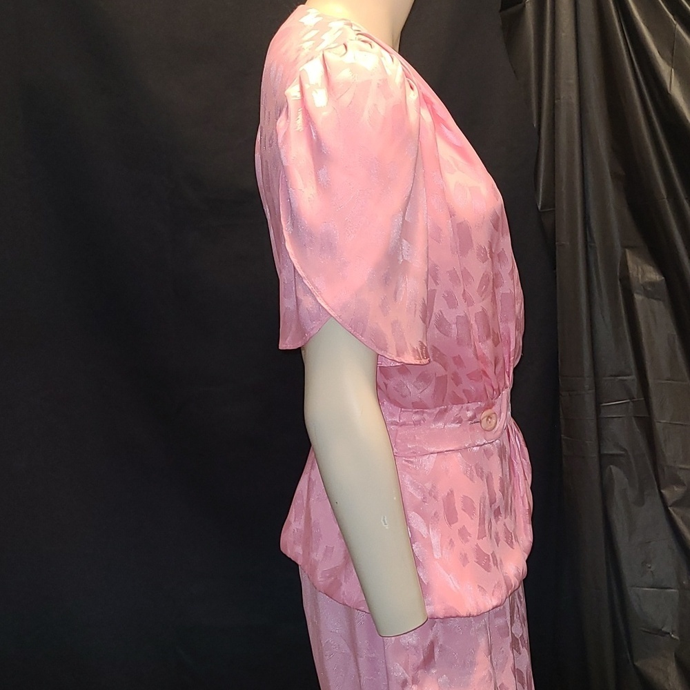 VTG Pink Two-Piece Satin Skirt Set Puffy Sleeve JOLIBEL - Picture 6 of 13